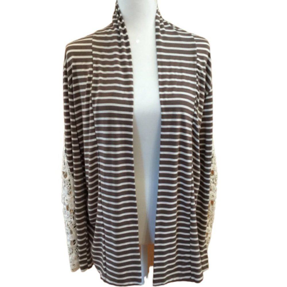 Taupe Striped Knit Open Lightweight Cardigan M